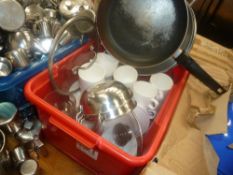 * pans and crockery - including stacker cups, rocks glasses, pans, side plates