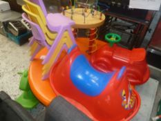 * childrens play equipment - orange table, 4 x chairs, ride on equipment