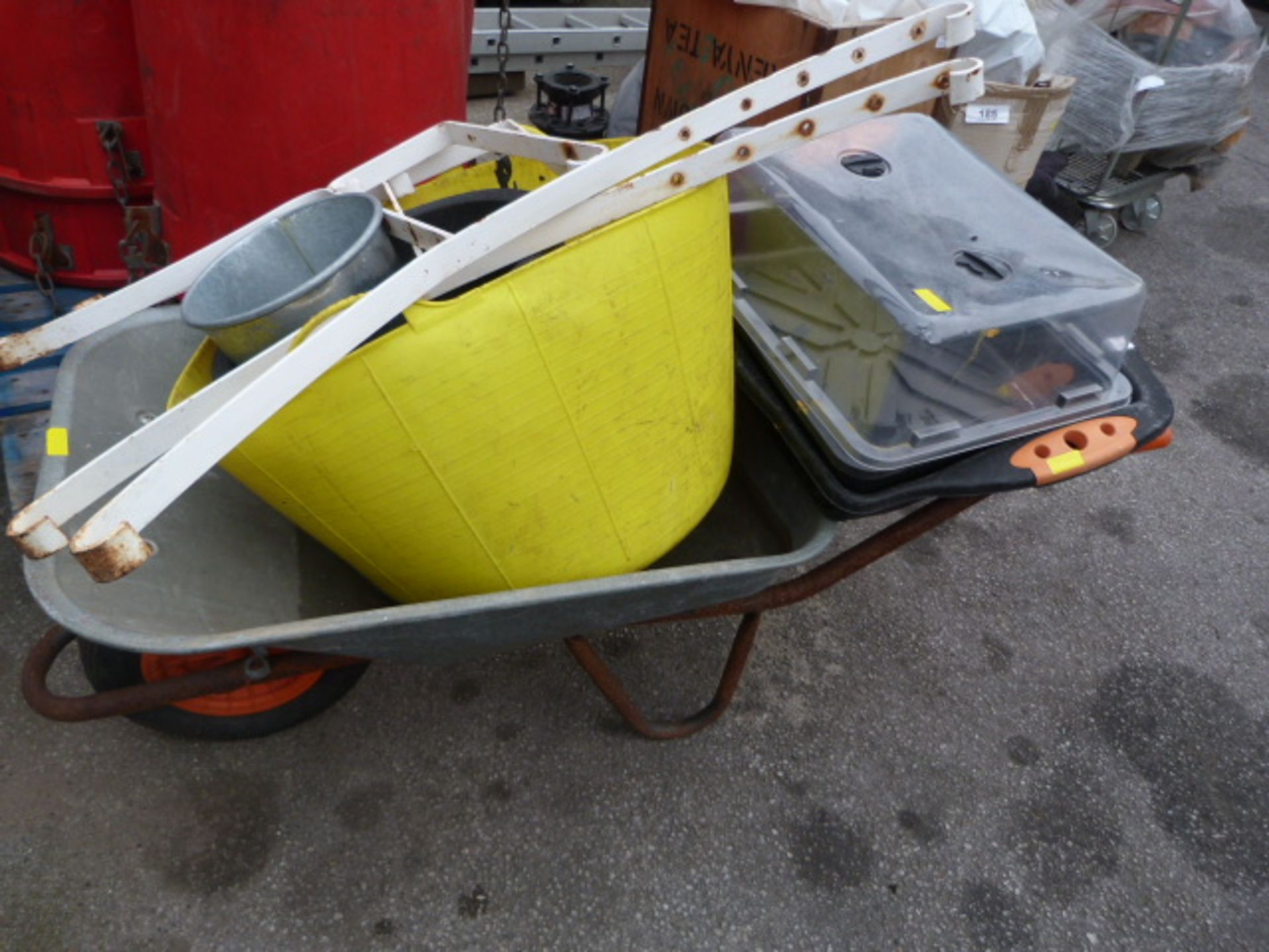 Wheelbarrow, Pair of Iron Bench Ends, Buckets and