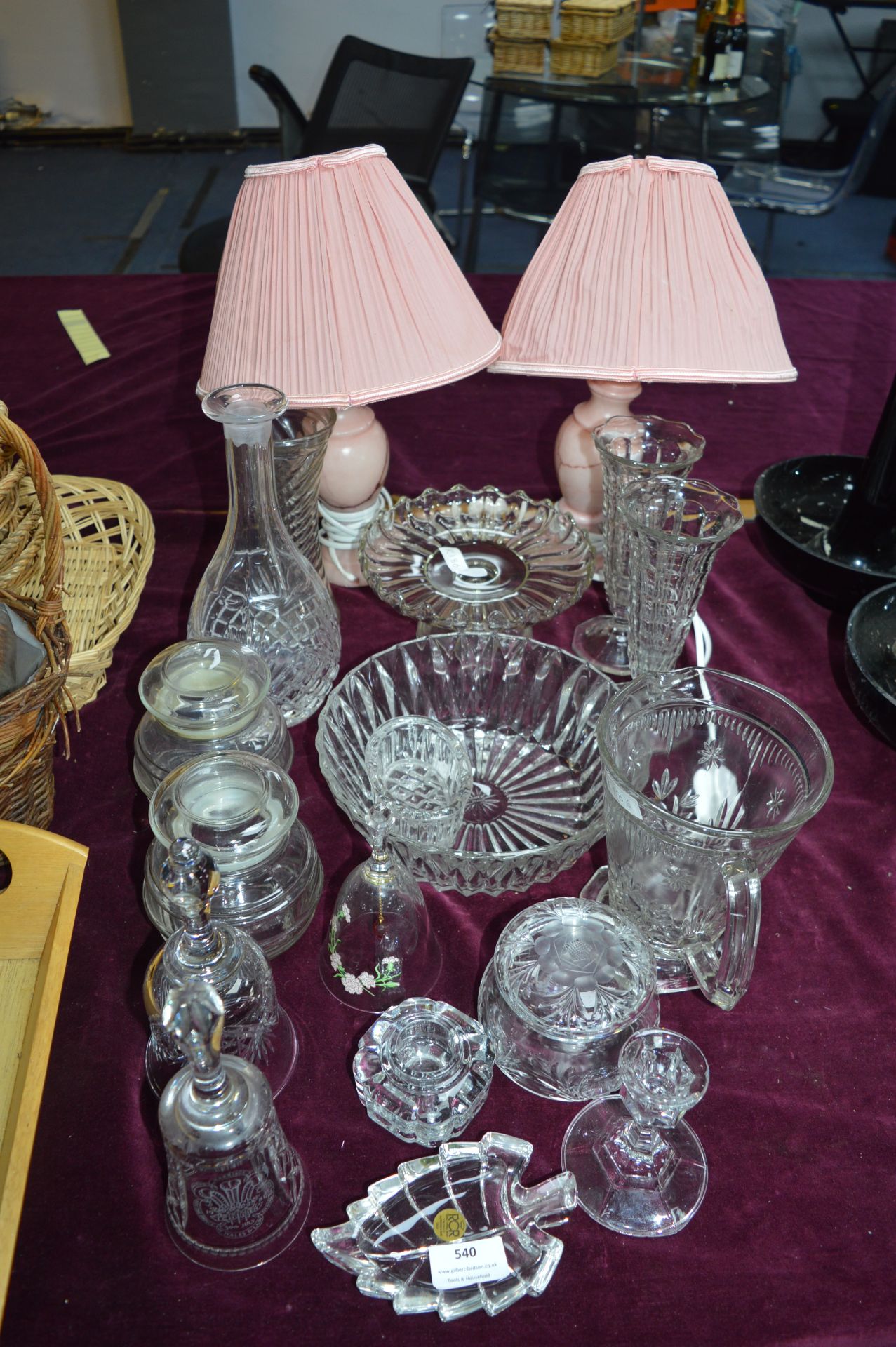 Glassware; Bowls, Jugs, Bells, and a Pair of Pink Table Lamps