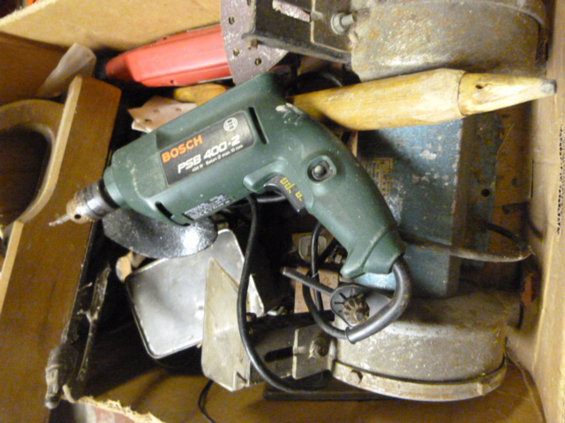 Box of Tools Including Bench Grinder, Bosh Drill,