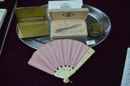 Cased Duke Fountain Pen plus Vintage Fan, Cigarette Case, etc.