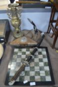 Marble Chess Board, Brass Lamp Base and a Decorative Sword