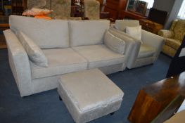 Large Two Seat Sofa and Armchair plus Pouffe in Pale Grey Upholstery