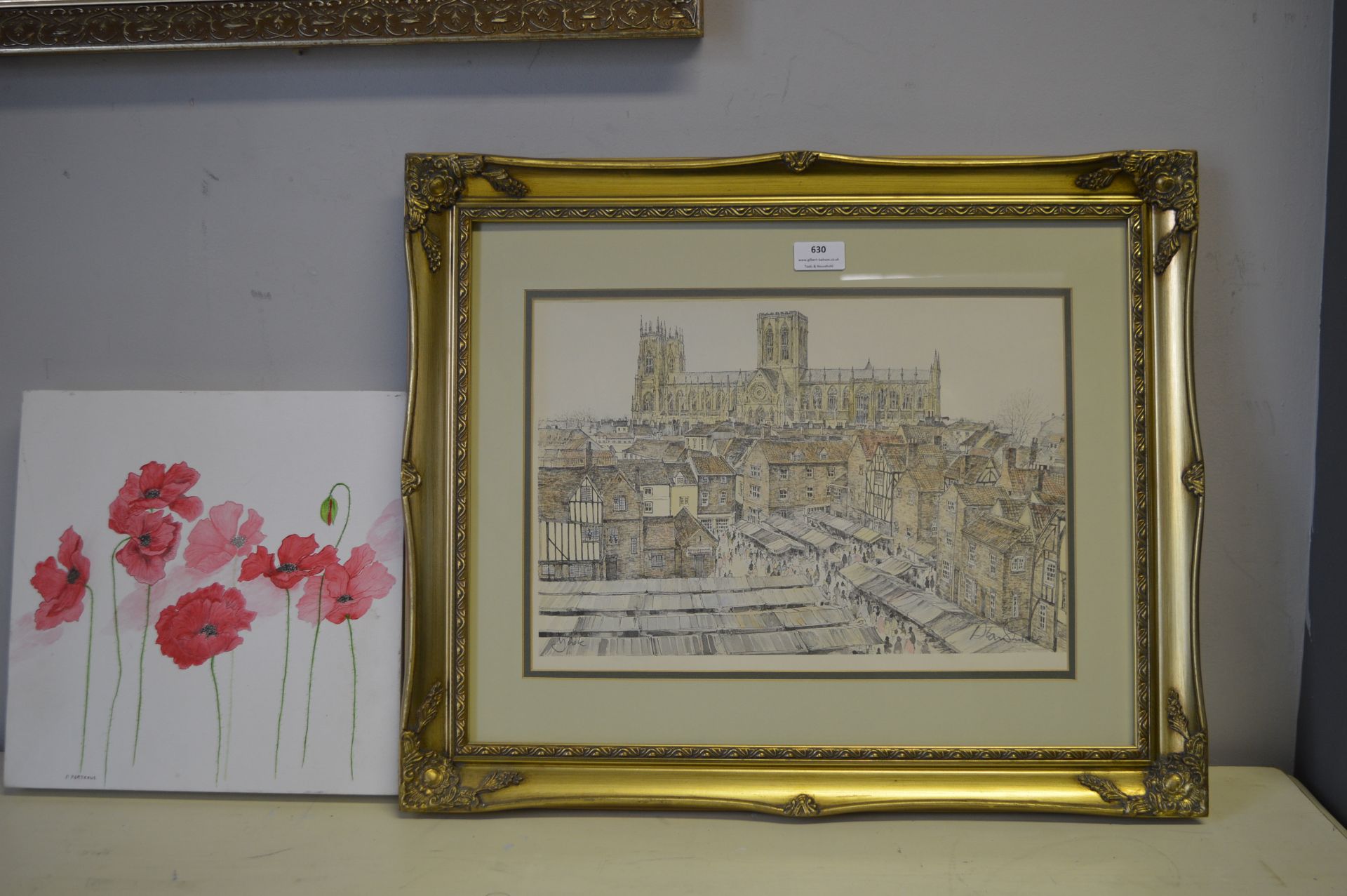 Signed Framed Sketch of York Minster from the Rooftops, plus One Other