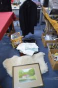 Case of Linen, Sheepskin Rug, Sewing Basket and Contents, Gent Wool Coat, etc.