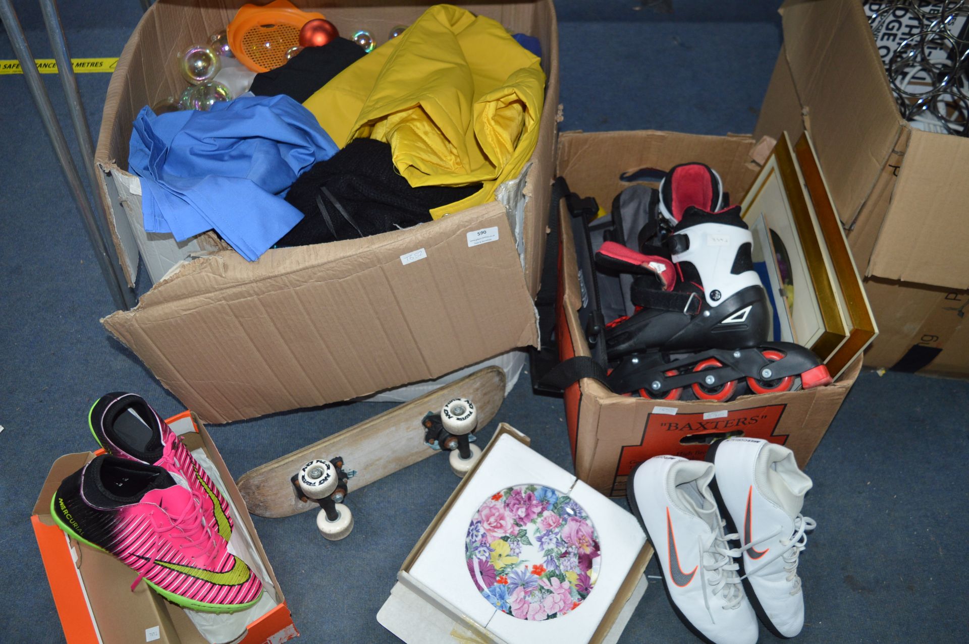 Two Boxes of Clothing, Shoes, Bags, Baubles, etc.
