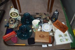 Tray Lot of Collectibles, Glass Candlesticks, Pottery Items, Star Wars Figure, etc.