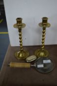 Pair of Brass Candlesticks, Vesta Case and Magnifying Glass