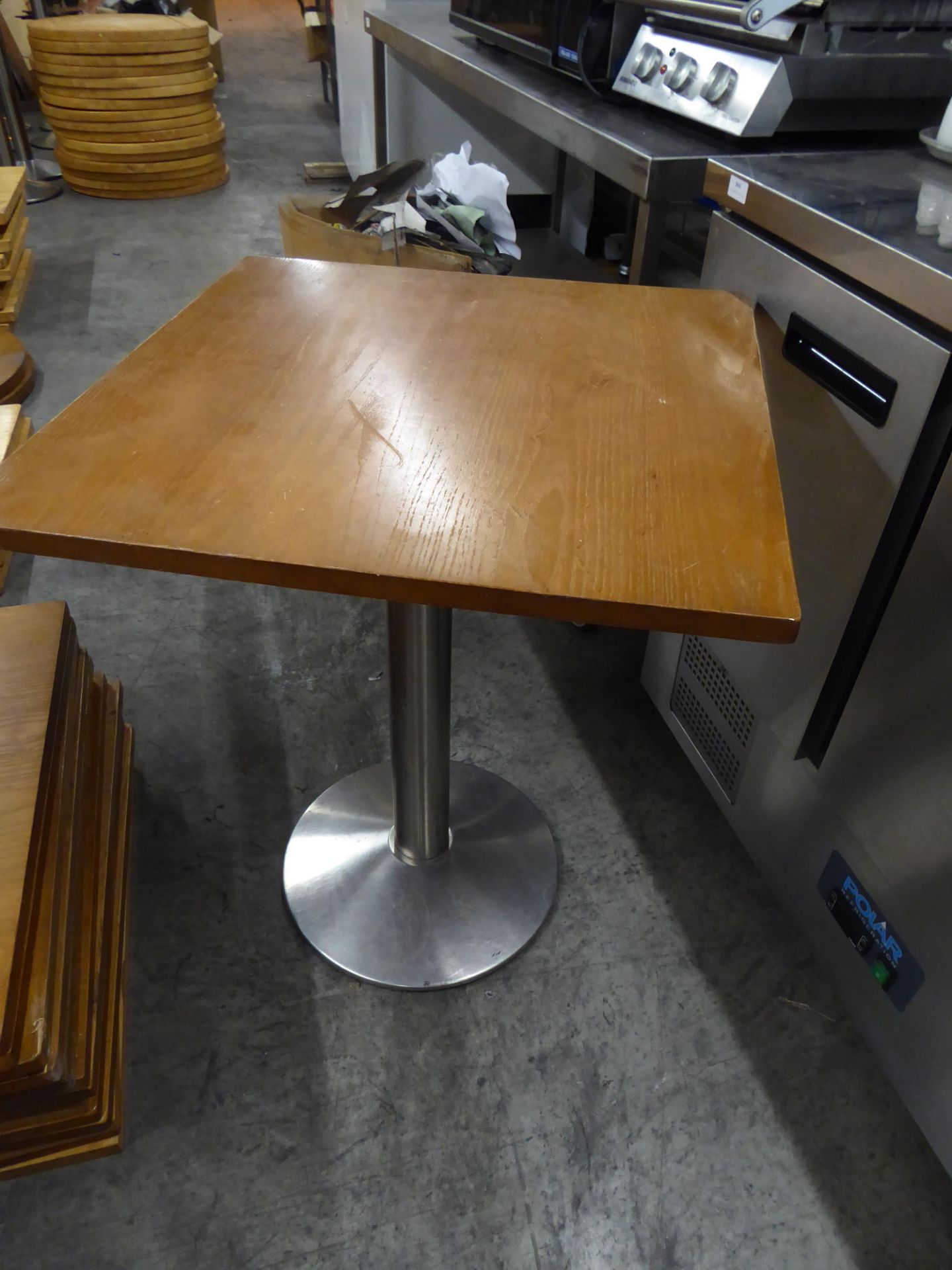 *square wooden topped tables x 3 600w x 600d x 750h