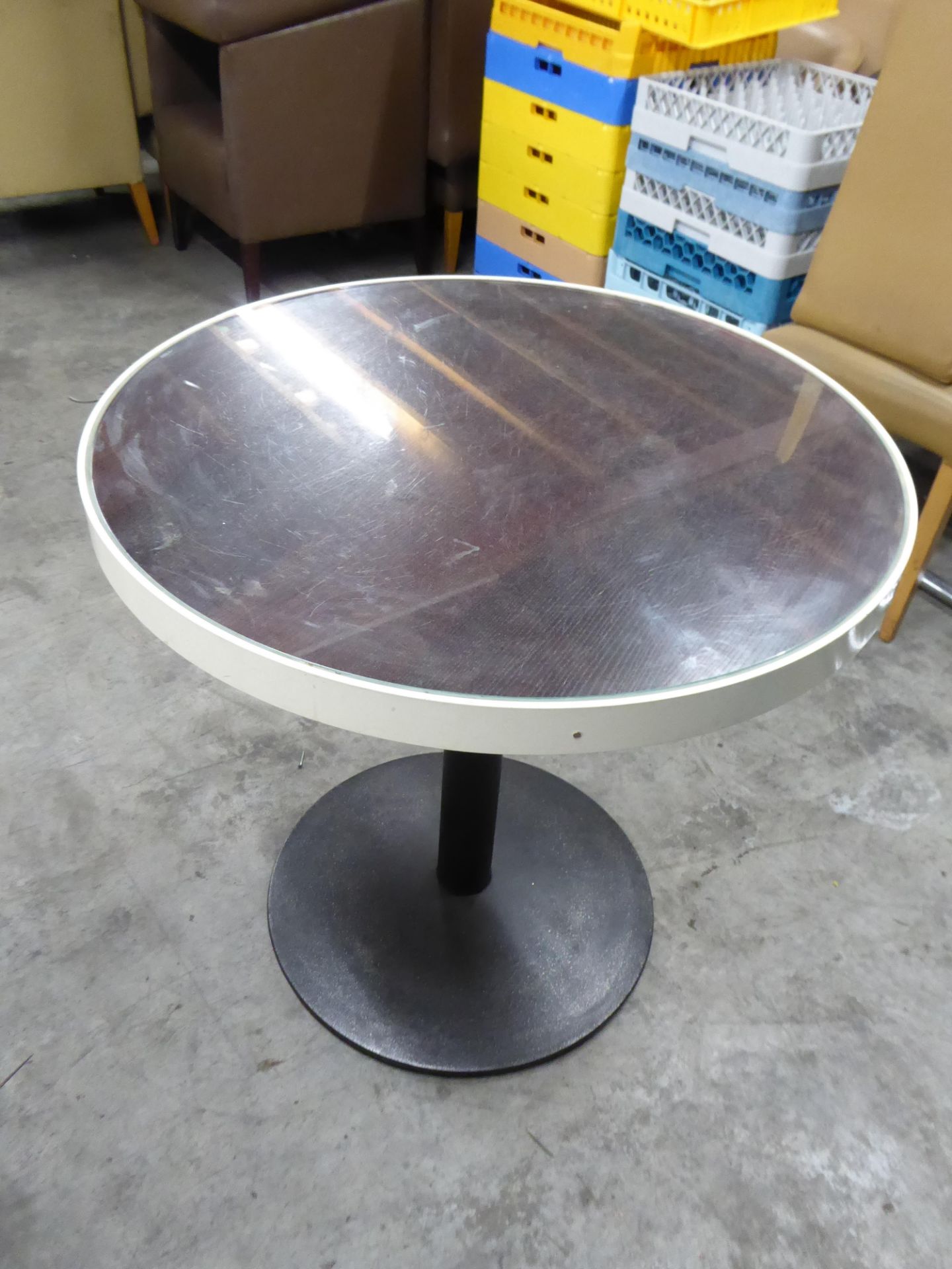 *round table with dark wood and glass tops with white trim and black pedestal bases x 2 - Image 2 of 2