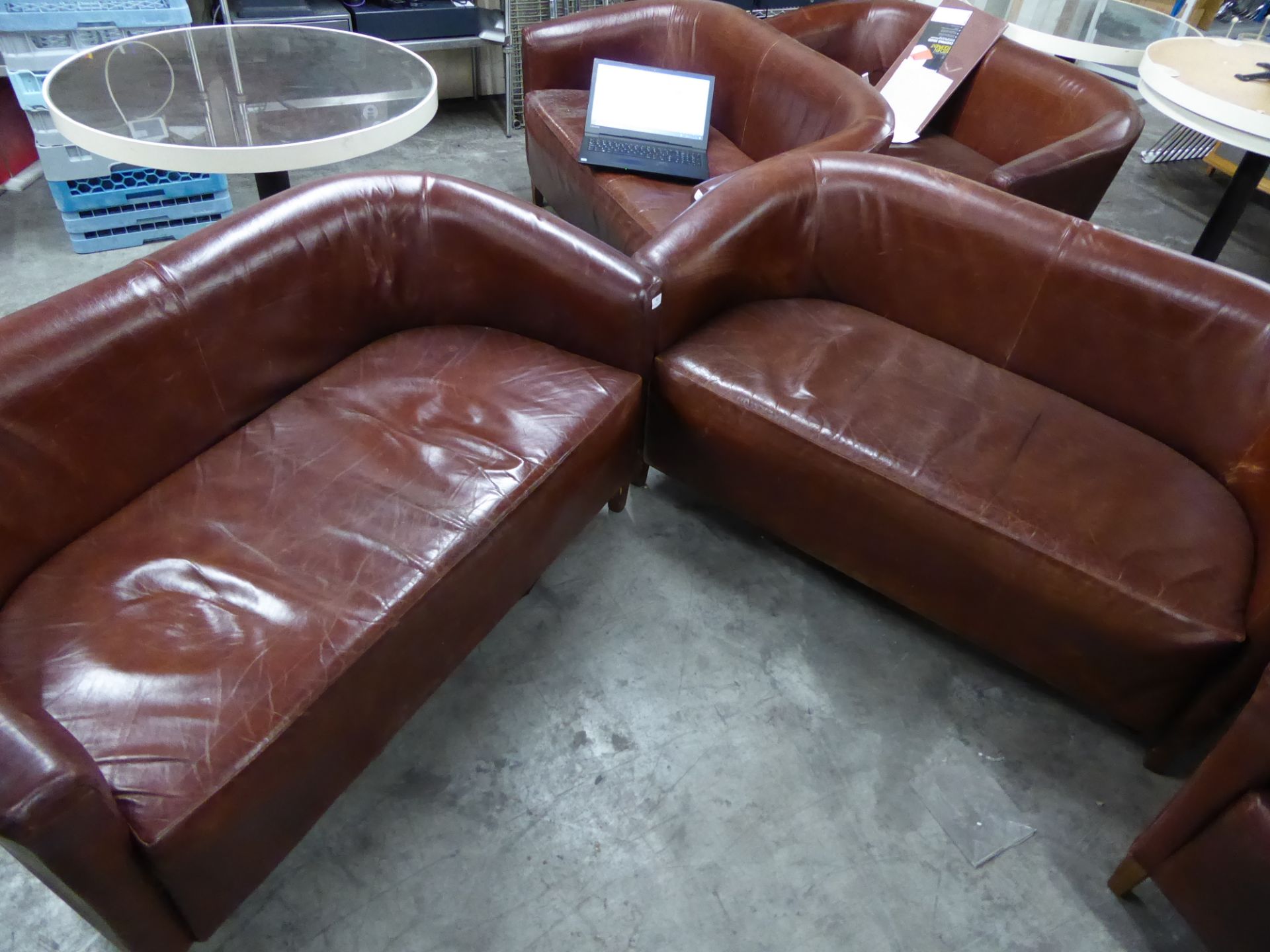 *Pair tan leather sofas with a lovely patina - Image 2 of 2