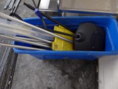 *narrow blue glass bin - with cleaning equipment - including several mop handle, mop bucket and