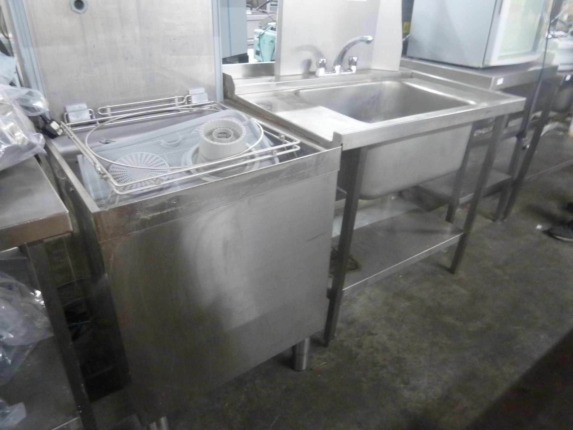 *Maidaid D2021 pass-through dishwasher with one feed table to left with sink, taps and under - Image 2 of 3