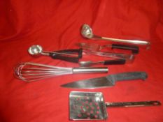 *box large quantity kitchen utensils - knives, tongs, pastry cutters, etc.