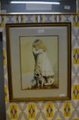 Framed Watercolour of a Girl with a Dog