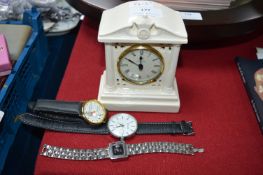 Pottery Mantel Clock and Three Wristwatches