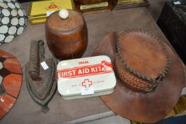 Vintage Items; Iron, Ice Bucket, and a Leather Hat