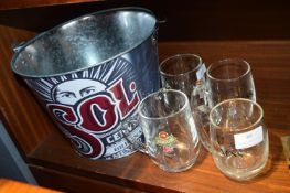 Sol Ice Bucket and Four Beer Glasses