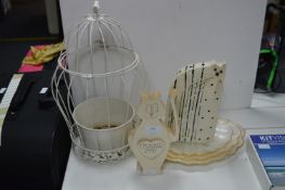 Bird Cage, Planter, Two Cat Ornaments, and Set She