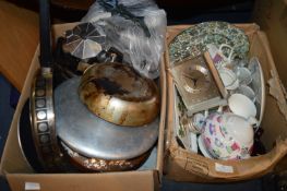 Two Boxes of Kitchenware, Teapots, Pottery Items,