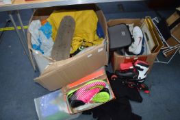 Two Boxes of Clothing, Roller Boots, Skateboards,