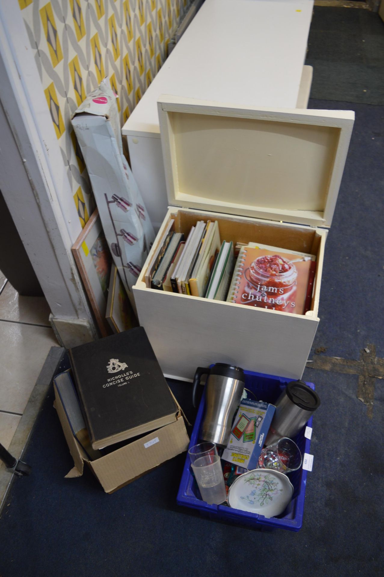 Ottoman and a Box of Books plus Household Goods