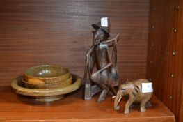 Wooden Bowls, Carved Ethnic Figure and an Elephant