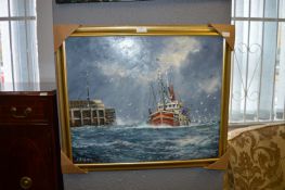 Original Gilt Framed Oil on Board by Jack Rigg - Trawler Entering Harbour