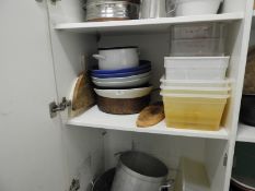 *Contents of Shelf To Include Enamel Ware, Pottery, Copper Saute Pan, etc.