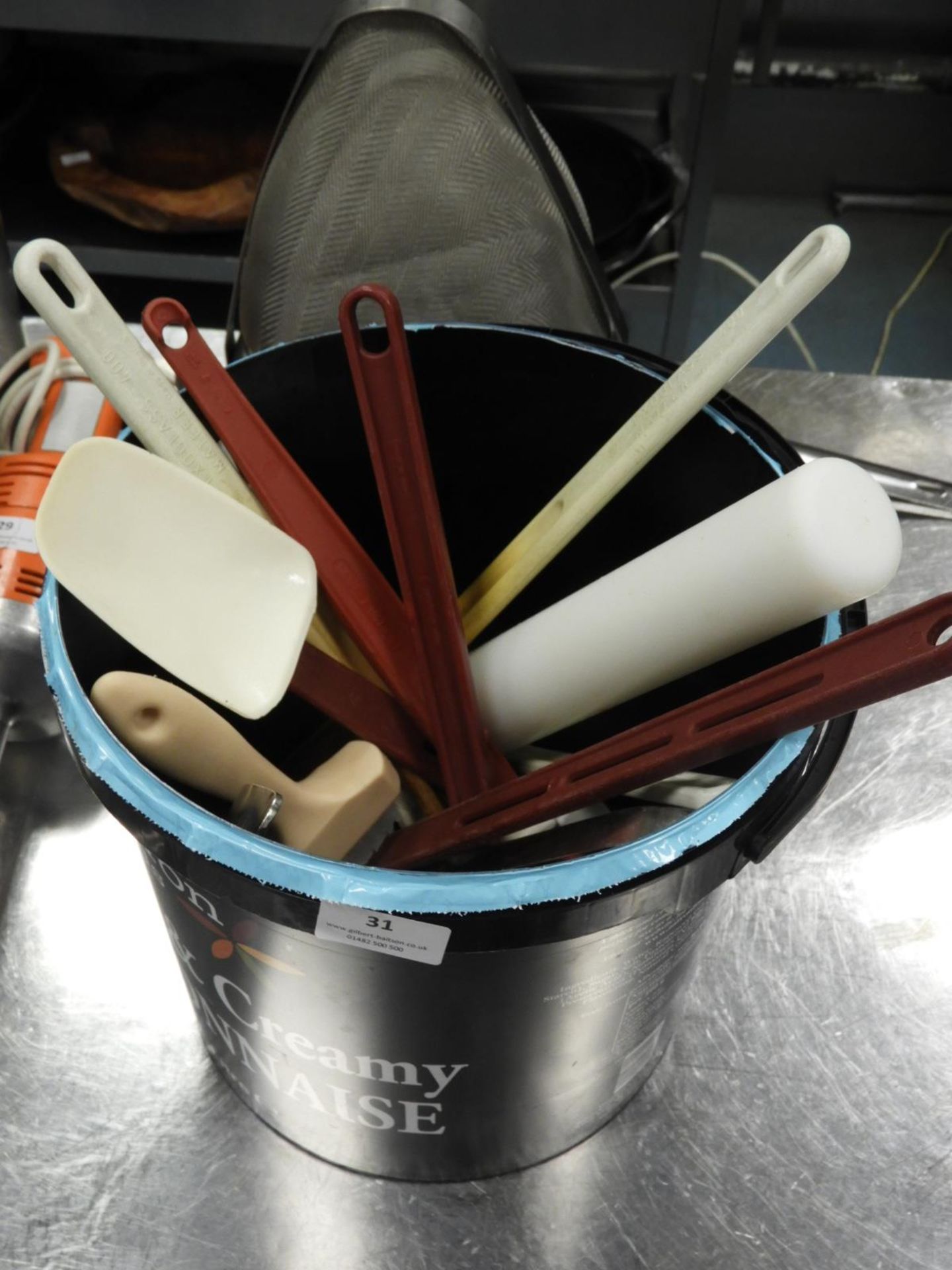 *Bucket of Assorted Kitchen Tools, Spatulas, Stainless Steel Spoons, Polythene Rolling Pin, etc.