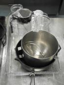 *Wire Basket Containing Glassware, Cast Iron Pan, etc.