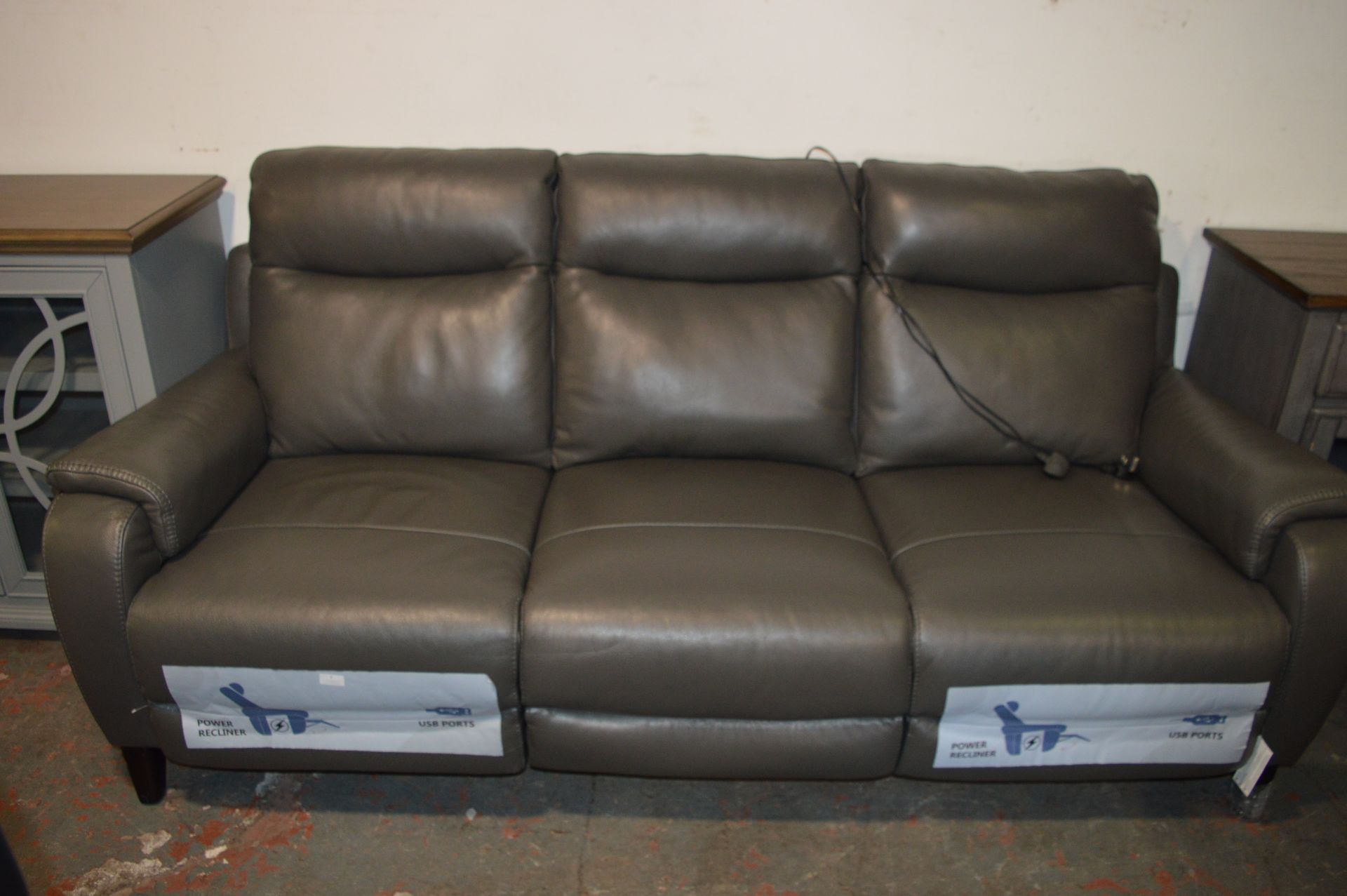 *Grey Leather Three Seat Sofa Power Recliner with