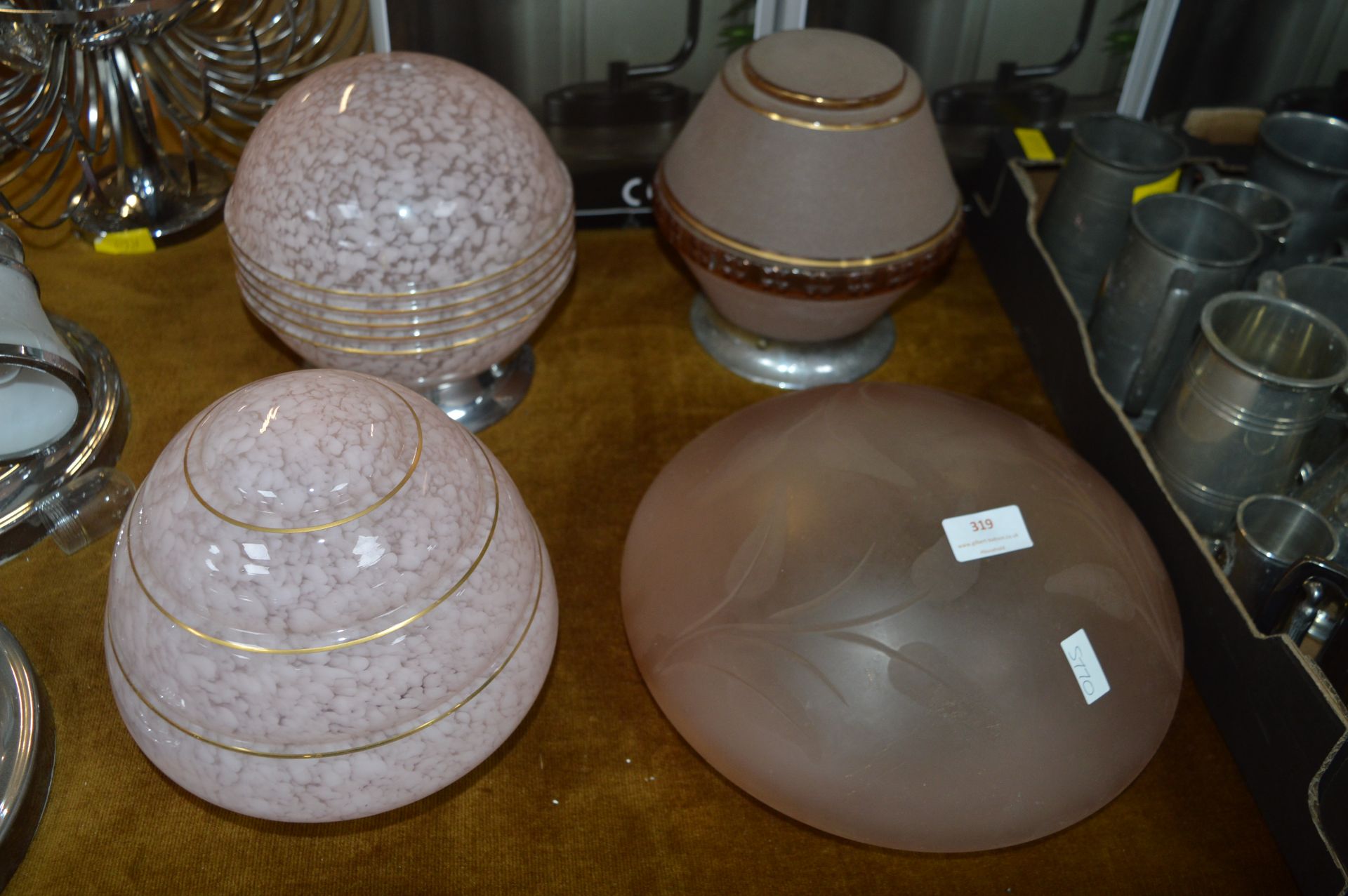 Four 1930's Pink Glass Ceiling Light Shades (two w