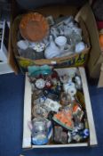 Two Boxes of Assorted Pottery, Part Tea Sets, Glas