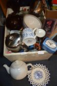 Crate of Household Goods; Teapots, Mugs, Glassware