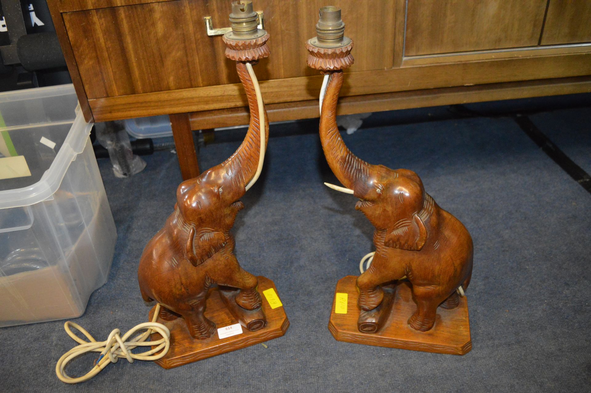 Pair of Carved Wooden Elephant Table Lamp Bases