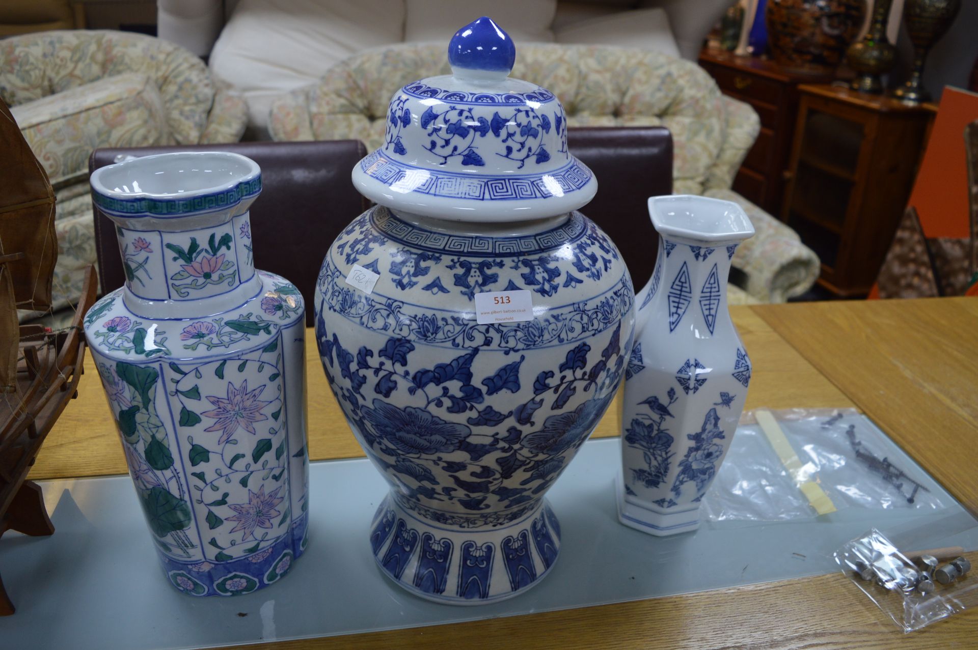 Large Chinese Covered Jar and Two Vases