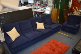 Blue Three Seat Sofa and Two Armchairs