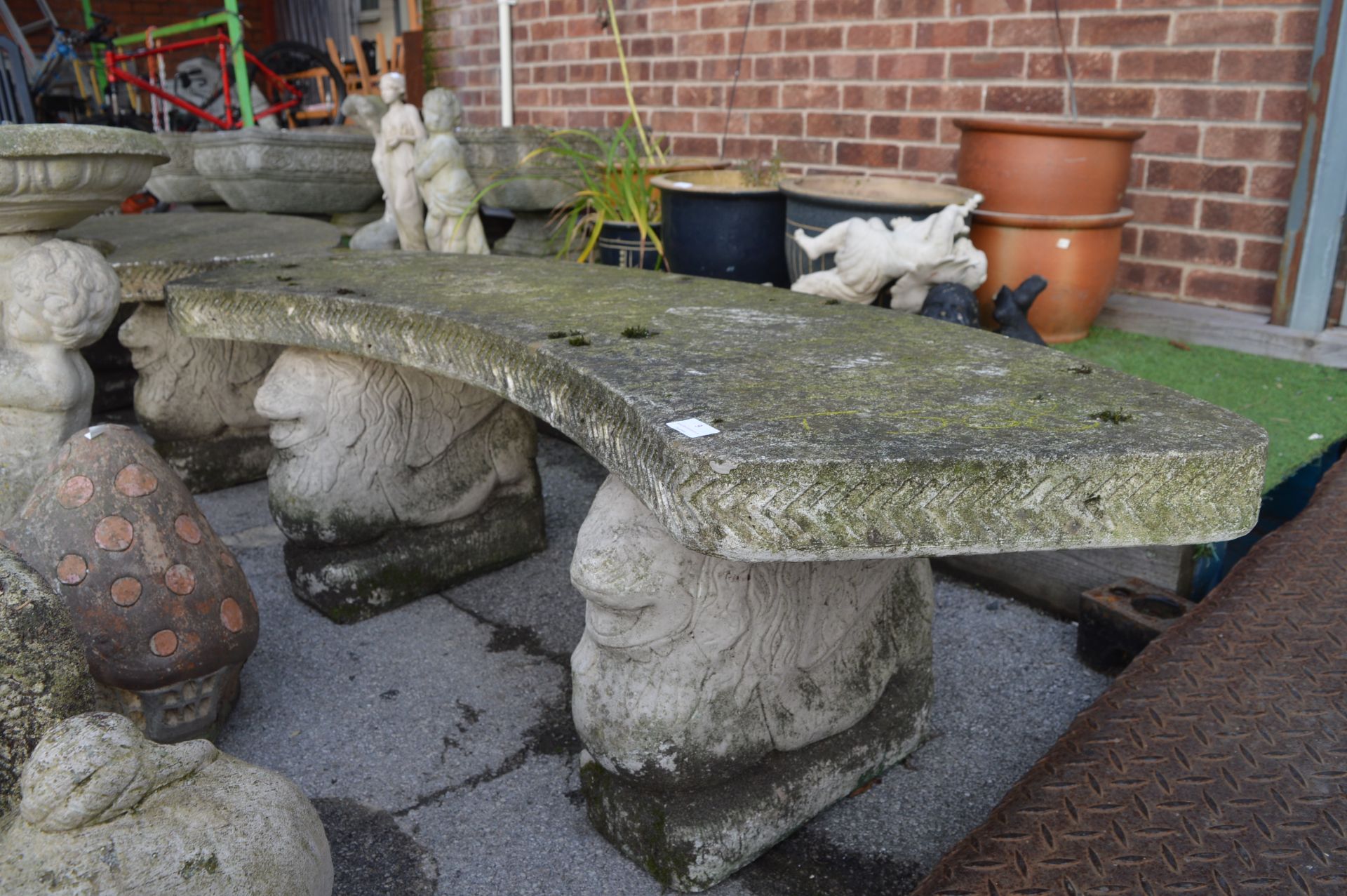 Semicircular Garden Bench on Lion Supports ~5ft Long - Image 2 of 2