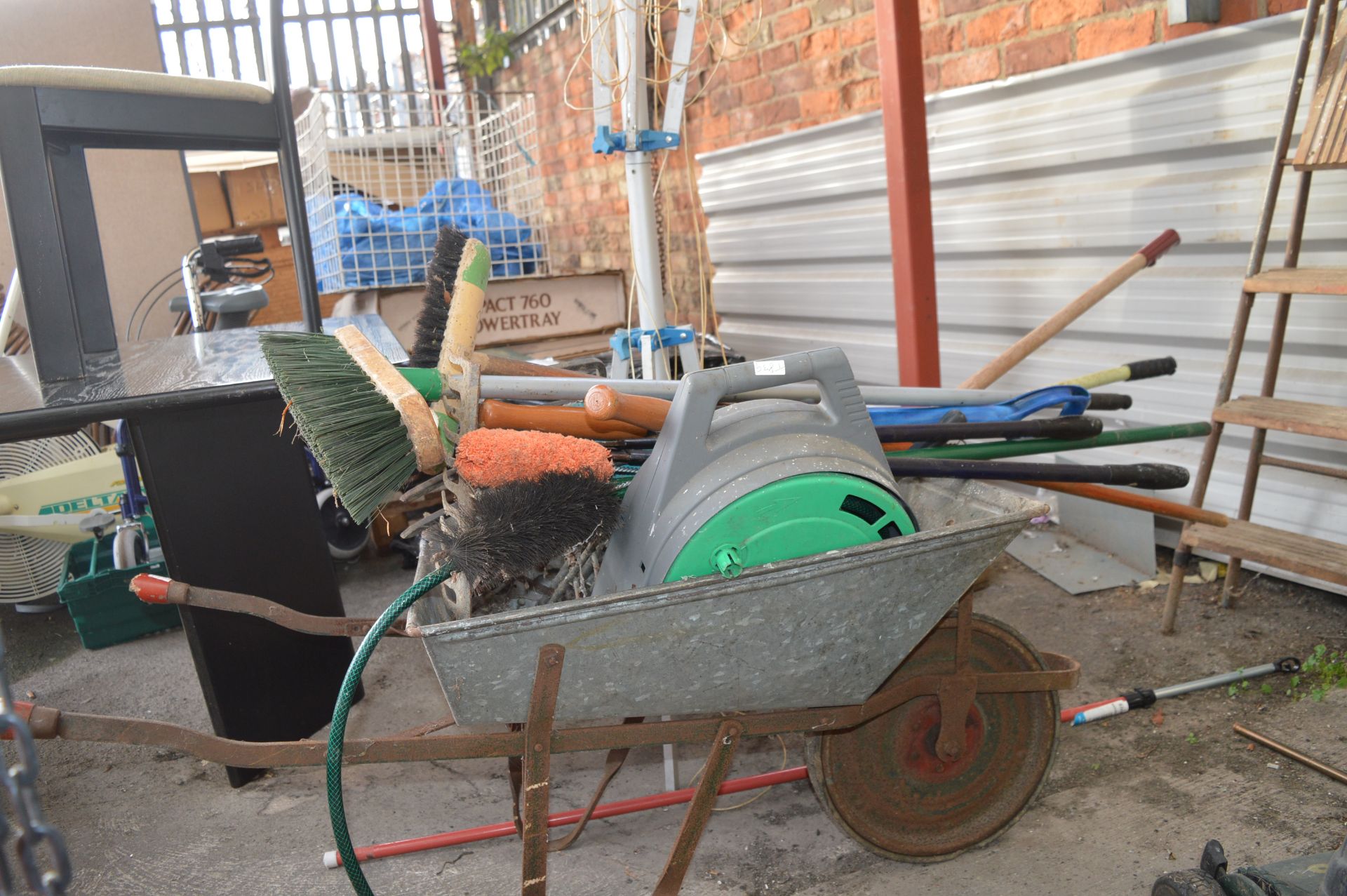 Garden Wheelbarrow and Contents of Tools, Hose Ree
