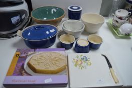 Kitchenware; Le Creuset Casserole Dish, Mason ware Mixing Bowl, T.G. Green Storage Jar, etc.