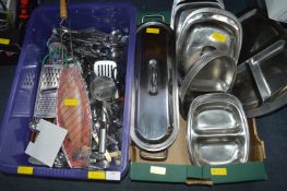 Two Boxes of Kitchenware; Stainless Steel Serving