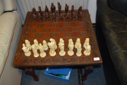 Chinese Carved Chess Table with Resin Chess Pieces