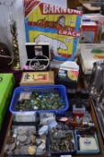 Tray Lot of Collectibles; Marbles, Coins, Elephant