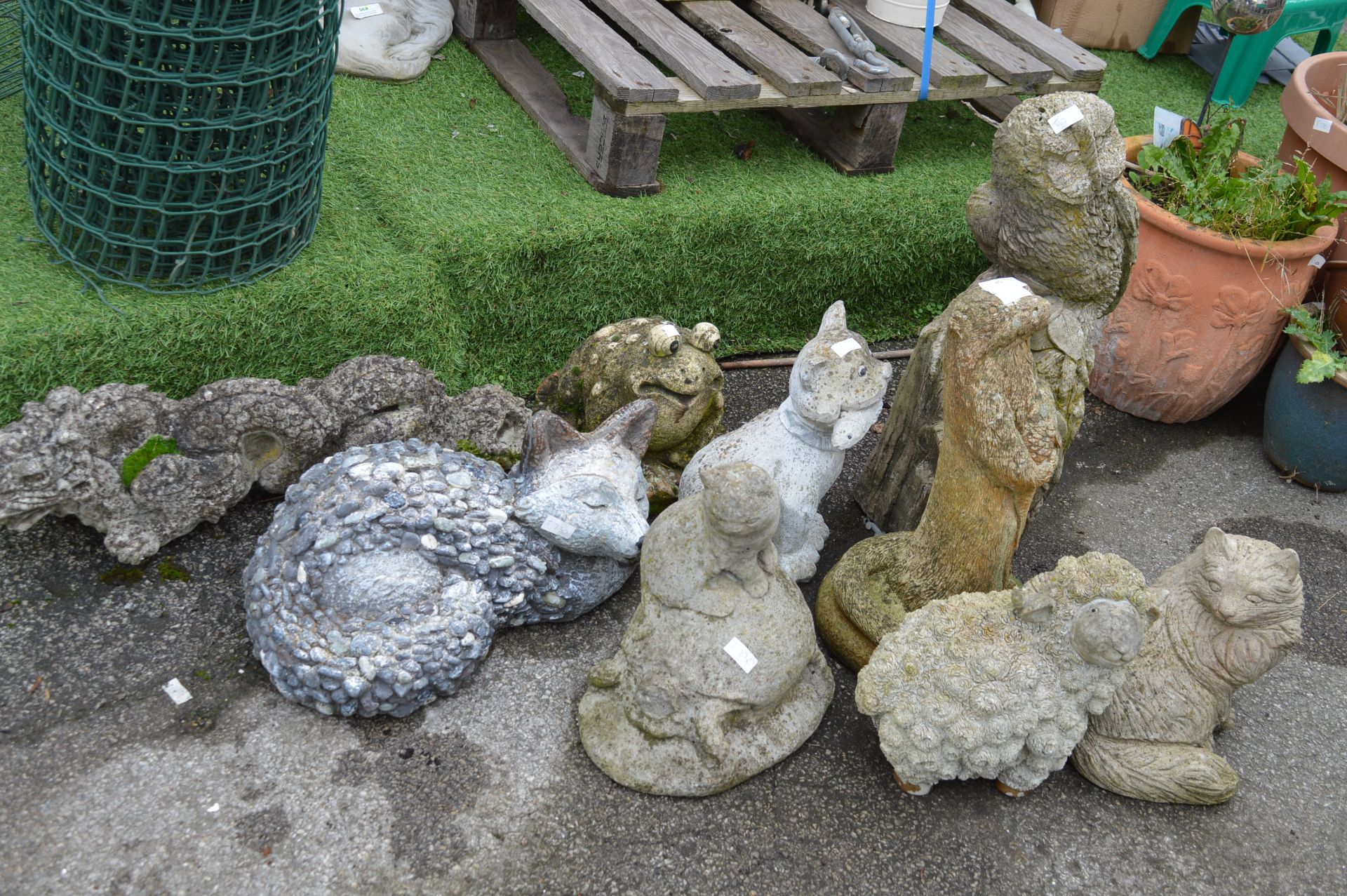 Nine Garden Ornaments; Foxes, Sheep, Dragons, Owl,