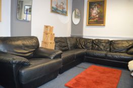 Black Leather L-Shaped Sofa with Matching Chair