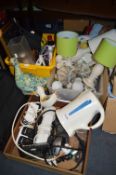 Two Boxes of Household Goods; Table Lamps, Kettles