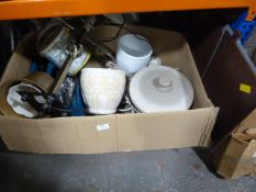Mixed Box Including Table Lamp, Pans, Planters, etc.