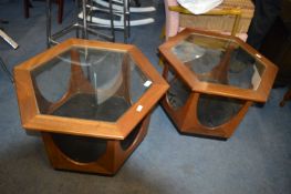 Two Vintage Teak Hexagonal Glass Topped Coffee Tab